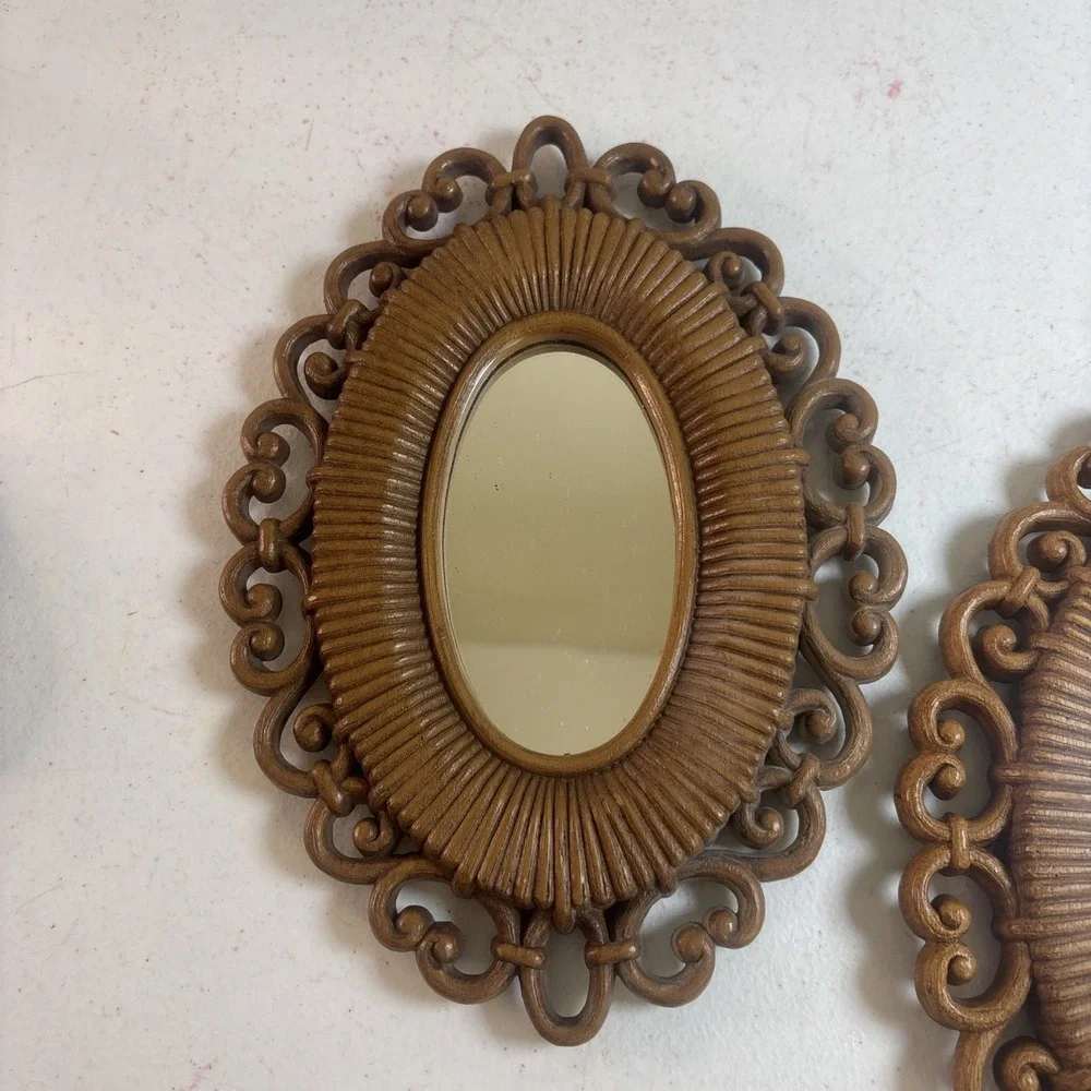 VINTAGE PR HOMCO BROWN RATTAN WICKER SMALL ACCENT MIRRORS 2615 9.5